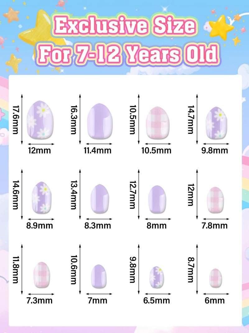 EBANKU 72 Pieces Press on Nails for Kids, EBANKU 3 Pack Kid Fake Nail Kit Purple Flower Black Streak Press on Nails for Girls 7-12 Years with Jelly Nail Adhesives - Image 3